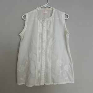 Vintage Gladys Bagley Womens Top XL White Embroidered Front Sleeveless Tank Top